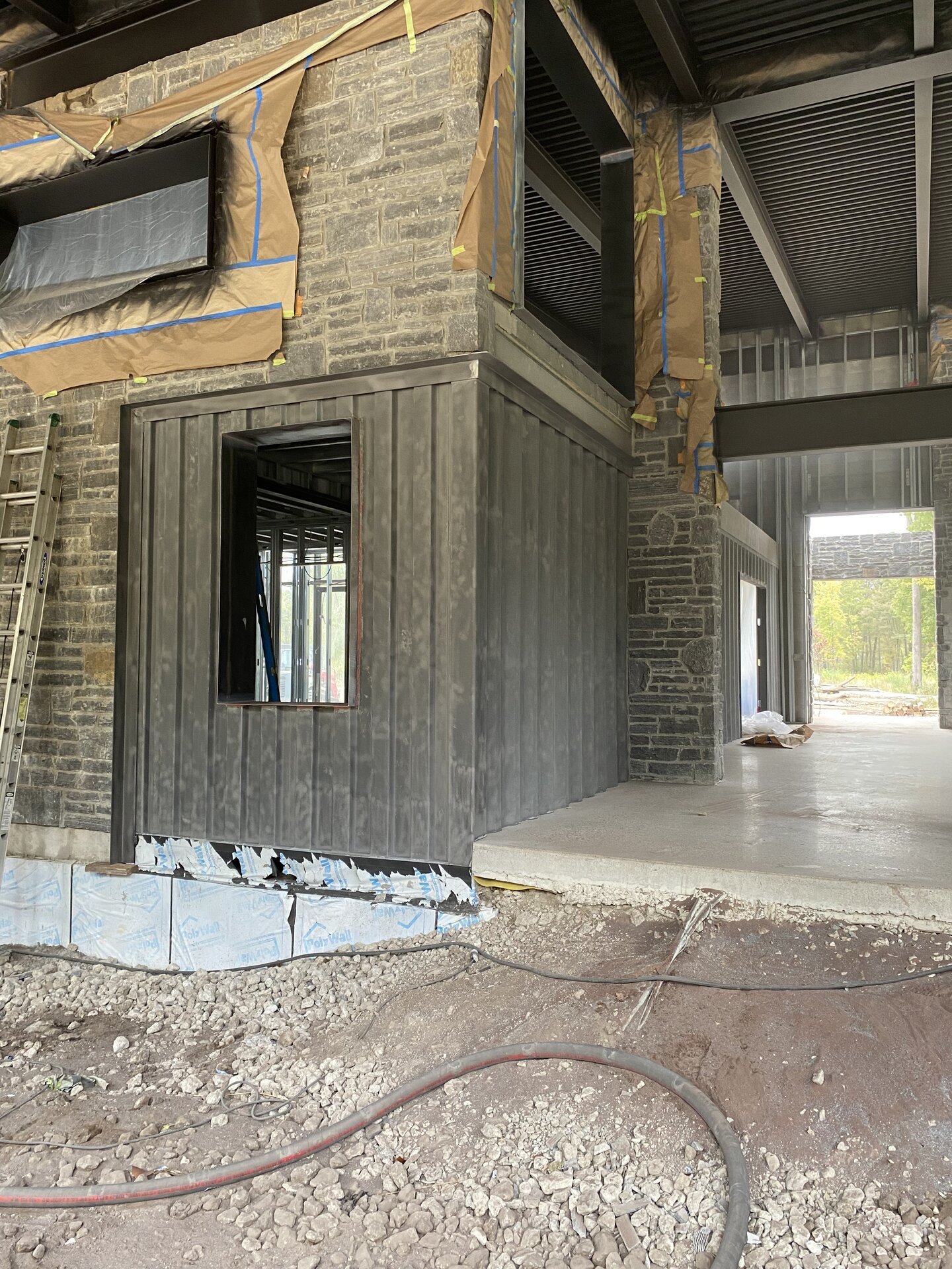 Interior view of painted container panels and framing